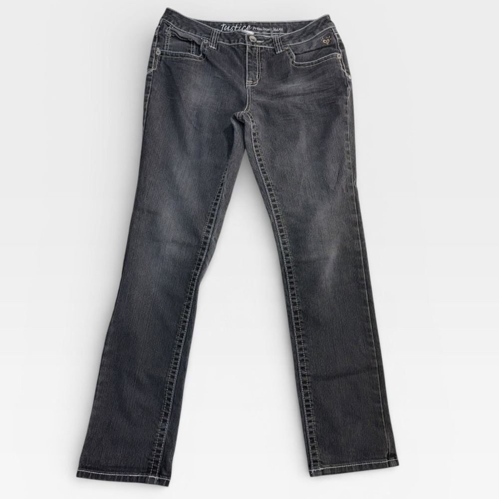 Justice Premium Jeans Girls 16.5 Gray Black Wash Straight Leg‎ Denim Pants